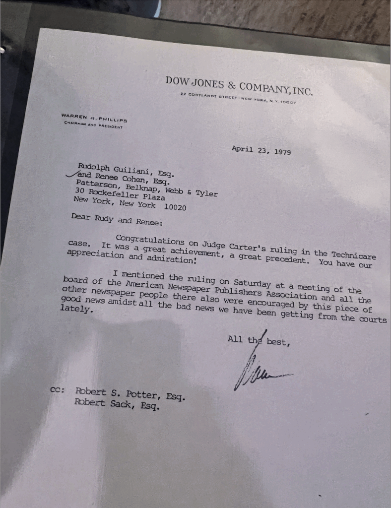 Letter from Dow Jones & Company's chairman and president thanking Rudy Giuliani and Renee Szybala, April 23, 1979.
